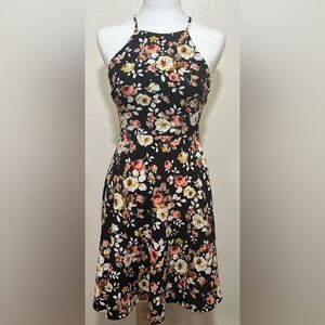 EUC Glare Floral Halter Fit & Flare A-Line Mini Dress size (S) 5/6 Black
